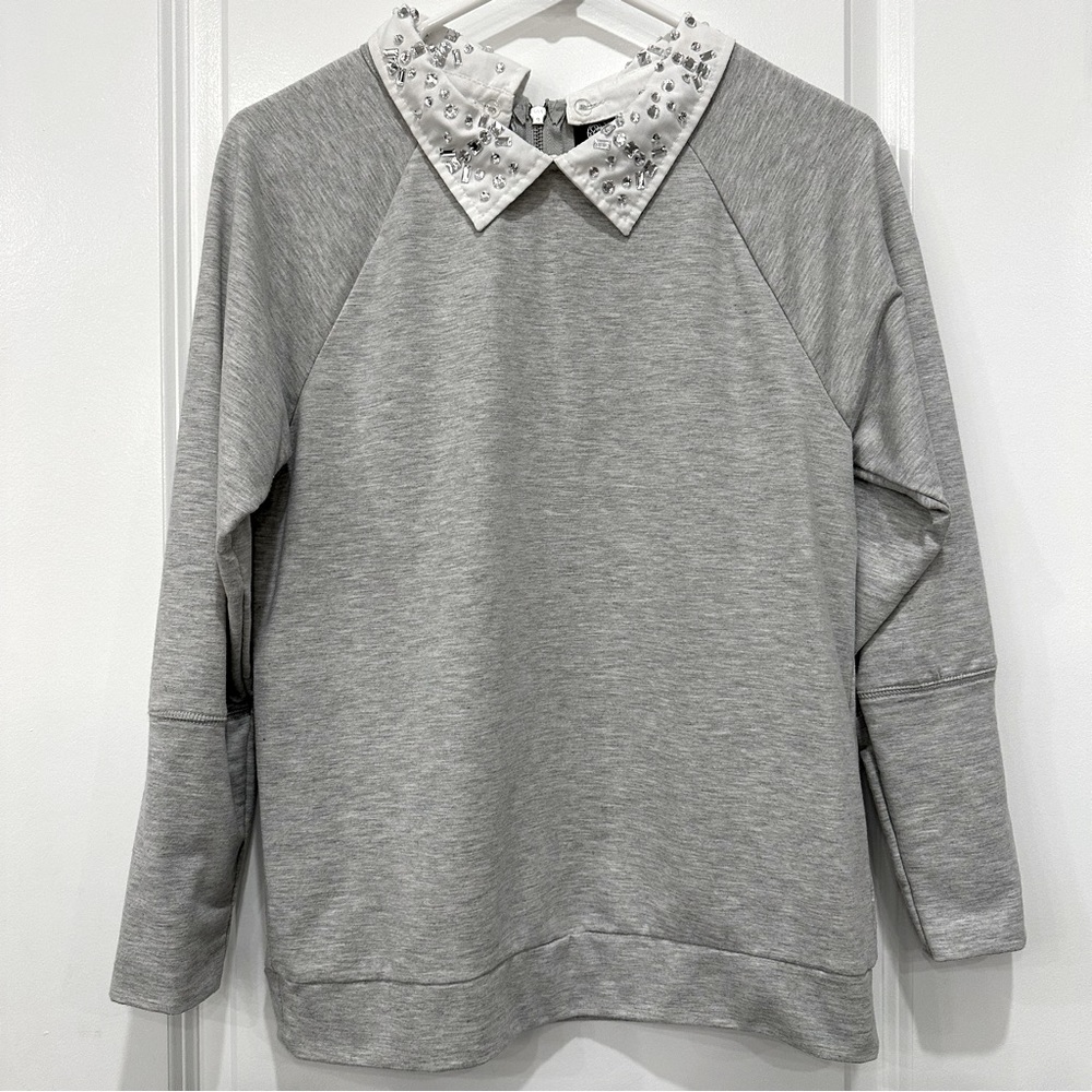 Gray Bobeau Sweatshirt with Detachable Embellished White Collar (S)